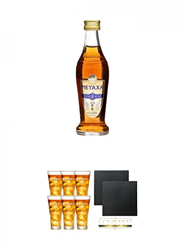 Metaxa 7-Sterne Mini Edition 5 cl + Metaxa Spyro 6 x Gläser mit Eichstrich 2cl und 4cl + Schiefer Glasuntersetzer eckig ca. 9,5 cm Ø 2 Stück von Unbekannt