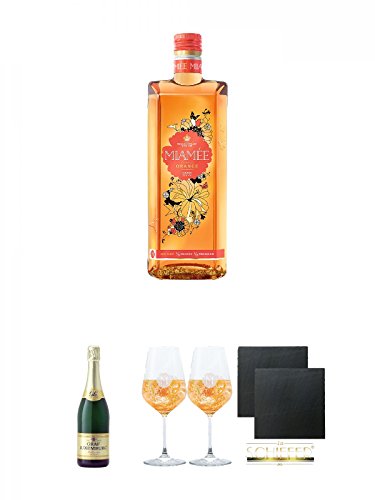 Miamee Orange Goldwasser Likör 0,7 Liter + Bernard Massard Graf Luxemburg halbtrocken 0,75 Liter + Miamee Goldwasser Cocktail Gläser mit 5cl Eichstrich 2 Stück + Schiefer Glasuntersetzer eckig ca. 9,5 cm Ø 2 Stück von Unbekannt