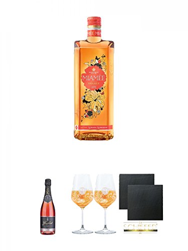 Miamee Orange Goldwasser Likör 0,7 Liter + Freixenet Carta Rosado Seco Trocken Spanien 0,75 Liter + Miamee Goldwasser Cocktail Gläser mit 5cl Eichstrich 2 Stück + Schiefer Glasuntersetzer eckig ca. 9,5 cm Ø 2 Stück von Unbekannt