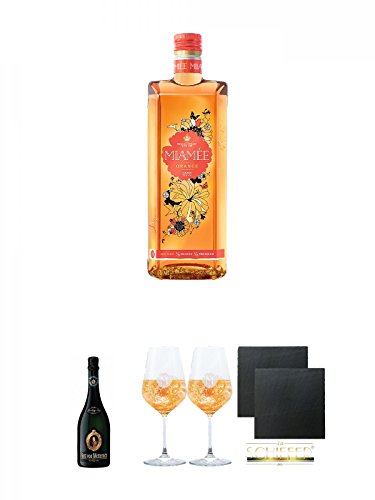 Miamee Orange Goldwasser Likör 0,7 Liter + Fürst von Metternich Riesling Sekt Trocken Deutschland 0,75 Liter + Miamee Goldwasser Cocktail Gläser mit 5cl Eichstrich 2 Stück + Schiefer Glasuntersetzer eckig ca. 9,5 cm Ø 2 Stück von Unbekannt