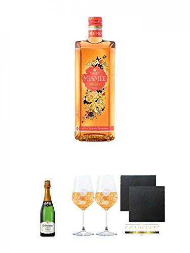 Miamee Orange Goldwasser Likör 0,7 Liter + Geldermann Carte Blanche Flaschengärung Trocken Deutschland 0,75 Liter + Miamee Goldwasser Cocktail Gläser mit 5cl Eichstrich 2 Stück + Schiefer Glasuntersetzer eckig ca. 9,5 cm Ø 2 Stück von Unbekannt