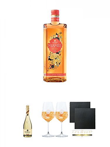 Miamee Orange Goldwasser Likör 0,7 Liter + Henkell Blanc de Blancs Sekt Trocken Deutschland 0,75 Liter + Miamee Goldwasser Cocktail Gläser mit 5cl Eichstrich 2 Stück + Schiefer Glasuntersetzer eckig ca. 9,5 cm Ø 2 Stück von Unbekannt