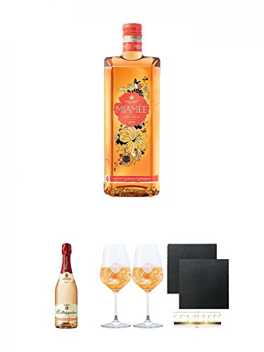 Miamee Orange Goldwasser Likör 0,7 Liter + Rotkäppchen Sekt Rose trocken 0,75 Liter + Miamee Goldwasser Cocktail Gläser mit 5cl Eichstrich 2 Stück + Schiefer Glasuntersetzer eckig ca. 9,5 cm Ø 2 Stück von Unbekannt