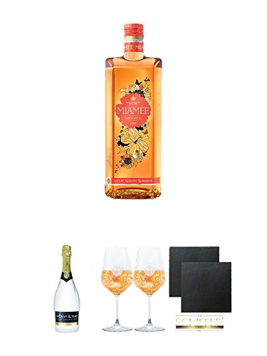 Miamee Orange Goldwasser Likör 0,7 Liter + Scavi & Ray Ice Prestige 0,75 Liter + Miamee Goldwasser Cocktail Gläser mit 5cl Eichstrich 2 Stück + Schiefer Glasuntersetzer eckig ca. 9,5 cm Ø 2 Stück von Unbekannt