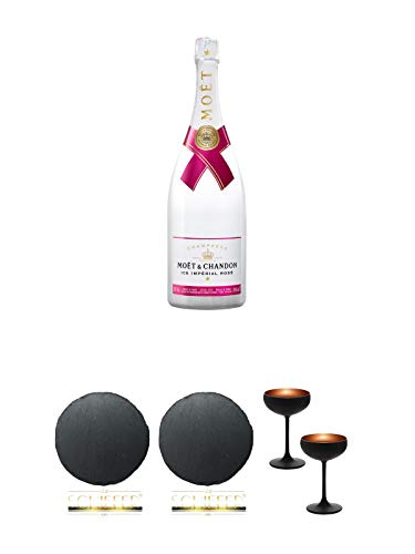 Moet Chandon Imperial ICE - Rose - Champagner 1,5 Liter + Schiefer Glasuntersetzer RUND ca. 9,5 cm Durchmesser + Schiefer Glasuntersetzer RUND ca. 9,5 cm Durchmesser + Sektschale/Champagnerschale Stölzle 2 Gläser - Olympic Serie MATT-SCHWARZ BRONZE 273940 von Unbekannt