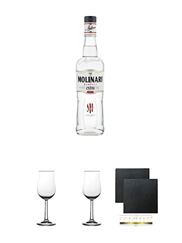 Molinari Sambuca 1,0 Liter + 2 Bugatti Nosing Gläser mit Eichstrich 2cl und 4cl + 2 Schiefer Glasuntersetzer eckig ca. 9,5 cm Ø von Diverse