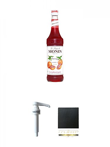 Monin Blutorange Sirup 0,7 Liter + Monin Dosier Pumpe für 0,7 & 1,0 Literflasche + Schiefer Glasuntersetzer eckig ca. 9,5 cm Durchmesser von Diverse