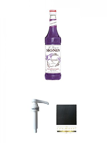 Monin Lavendel Sirup 0,7 Liter + Monin Dosier Pumpe für 0,7 & 1,0 Literflasche + Schiefer Glasuntersetzer eckig ca. 9,5 cm Durchmesser von Diverse