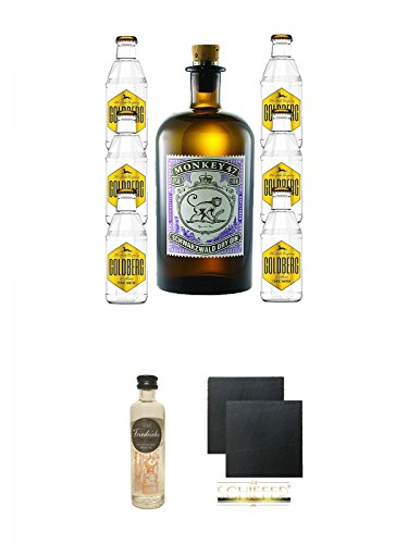 Monkey 47 Gin & 6 x Goldberg 0,2 Tonic Set + Friedrichs Gin 0,04 Liter Miniatur + Schiefer Glasuntersetzer eckig ca. 9,5 cm Ø 2 Stück von Unbekannt