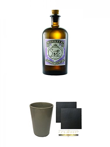 Monkey 47 Schwarzwald Dry Gin 0,5 Liter + Monkey 47 Ton Becher in Grau 1 Stück + Schiefer Glasuntersetzer eckig ca. 9,5 cm Ø 2 Stück von Unbekannt