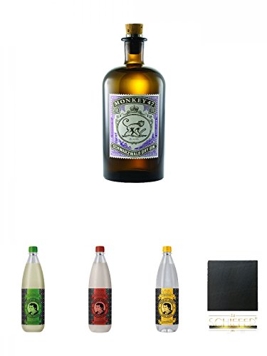 Monkey 47 Schwarzwald Dry Gin 0,5 Liter + Thomas Henry Bitter Lemon 1,0 Liter + Thomas Henry Spicy Ginger 1,0 Liter + Thomas Henry Tonic Water 1,0 Liter + Schiefer Glasuntersetzer eckig ca. 9,5 cm Durchmesser von Unbekannt