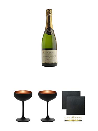 Monthuys Pere et Fils Reserve Brut Champagner 0,75 Liter + Sektschale Stölzle 1 Glas - Olympic Serie matt-schwarz BRONZE 2739408 + Sektschale Stölzle 1 Glas - Olympic Serie matt-schwarz BRONZE 2739408 + Schiefer Glasuntersetzer eckig ca. 9,5 cm Ø 2 Stück von Unbekannt