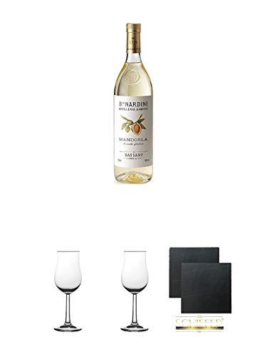 Nardini Grappa alla Mandorla mit Mandelgeschmack Italien 1,0 Liter + 2 Bugatti Nosing Gläser mit Eichstrich 2cl und 4cl + 2 Schiefer Glasuntersetzer eckig ca. 9,5 cm Ø von Diverse