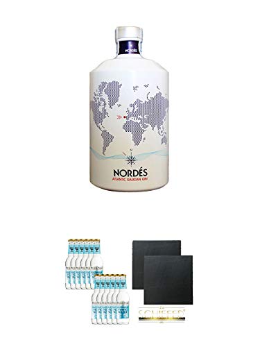 Nordes Atlantic Gin 0,7 Liter + Fever Tree Mediterranean Tonic Water 12 x 0,2 Liter + Schiefer Glasuntersetzer eckig ca. 9,5 cm Ø 2 Stück von Diverse