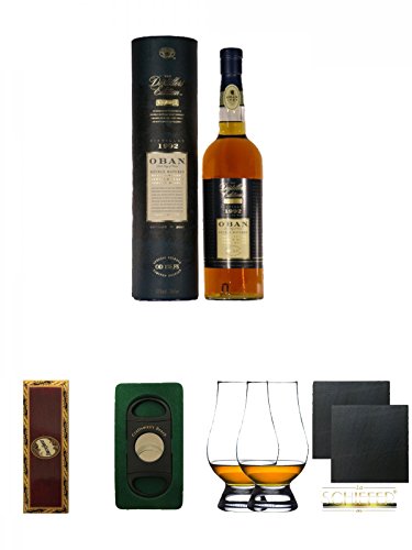 Oban Distillers Edition Montilla Fino Maturation 0,7 Liter + BrickHouse Streichhölzer + Craftsman's Bench Zigarrencutter + The Glencairn Glass Whisky Glas Stölzle 2 Stück + Schiefer Glasuntersetzer eckig ca. 9,5 cm Ø 2 Stück von Unbekannt