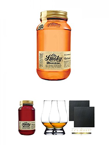 Ole Smoky Moonshine Big Orange (70 proof) im 0,5 Liter Glas + Ole Smoky Moonshine Blackberry (40 proof) im 0,5 Liter Glas + The Glencairn Glass Whisky Glas Stölzle 2 Stück + Schiefer Glasuntersetzer eckig ca. 9,5 cm Ø 2 Stück von Unbekannt