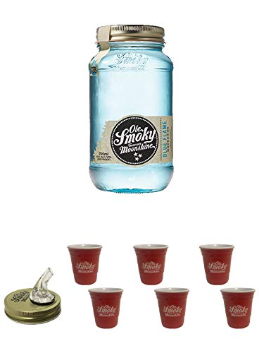 Ole Smoky Moonshine Blue Flame (128 proof) 0,7 Liter MAGNUM + Ole Smoky Ausgiesser + Ole Smoky Shot Becher rot 2 Stück + Ole Smoky Shot Becher rot 2 Stück + Ole Smoky Shot Becher rot 2 Stück von Diverse