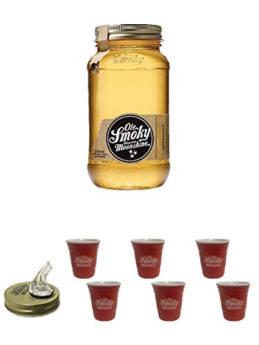 Ole Smoky Moonshine Butterscotch (40 proof) im 0,5 Liter Glas + Ole Smoky Ausgiesser + Ole Smoky Shot Becher rot 2 Stück + Ole Smoky Shot Becher rot 2 Stück + Ole Smoky Shot Becher rot 2 Stück von Diverse