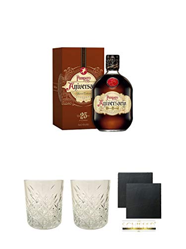 Pampero Aniversario Reserva Rum Venezuela 0,7 Liter + Rum Glas 1 Stück + Rum Glas 1 Stück + Schiefer Glasuntersetzer eckig ca. 9,5 cm Ø 2 Stück von Diverse