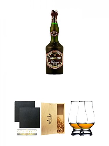 Papidoux Calvados XO Frankreich 0,7 Liter + Schiefer Glasuntersetzer eckig ca. 9,5 cm Ø 2 Stück + 1a Whisky Holzbox für 2 Flaschen mit Schiebedeckel + The Glencairn Glass Whisky Glas Stölzle 2 Stück von Unbekannt