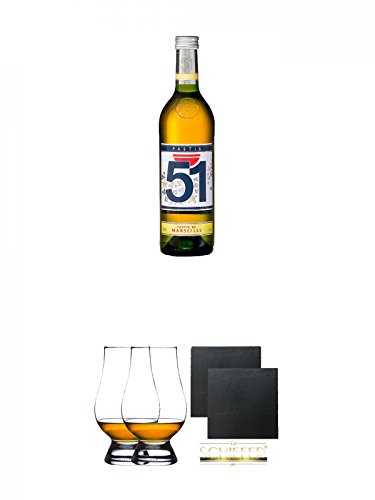 Pastis 51 Anis Liqeur 0,7 Liter + The Glencairn Glas Stölzle 2 Stück + Schiefer Glasuntersetzer eckig ca. 9,5 cm Ø 2 Stück von Diverse