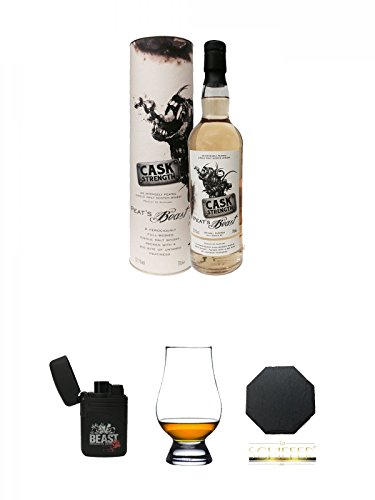 Peats Beast Cask Strength Single Malt Whisky 0,7 Liter + Beast Feuerzeug Laser Jet + The Glencairn Glass Whisky Glas Stölzle 1 Stück + Schiefer Glasuntersetzer achteckig ca. 9,5 cm Durchmesser von Unbekannt