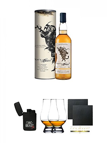 Peats Beast Single Malt Whisky 0,7 Liter + Beast Feuerzeug Laser Jet + The Glencairn Glass Whisky Glas Stölzle 2 Stück + Schiefer Glasuntersetzer eckig ca. 9,5 cm Ø 2 Stück von Diverse