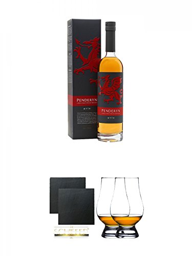 Penderyn Welsh - MYTH - Plus GB Whisky 0,7 Liter + Schiefer Glasuntersetzer eckig ca. 9,5 cm Ø 2 Stück + The Glencairn Glass Whisky Glas Stölzle 2 Stück von Diverse