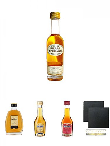 Pierre Ferrand Cognac Ambre 5 cl + Hennessy Fine de Cognac Frankreich 5 cl + Martell VS Fine de Cognac Frankreich 0,05 Liter MINI + Martell VSOP Cognac Frankreich 0,05 Liter MINI + Schiefer Glasuntersetzer eckig ca. 9,5 cm Ø 2 Stück von Unbekannt