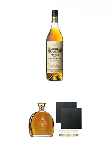 Pineau des Charentes Pierre Ferrand Superieur blanc 0,7 Liter + Claude Chatelier Cognac XO mit Etui 0,7 Liter + Schiefer Glasuntersetzer eckig ca. 9,5 cm Ø 2 Stück von Diverse