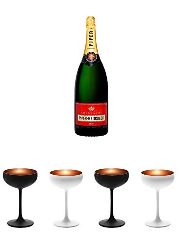 Piper-Heidsieck Brut Champagner Magnum 1,5 Liter + Sektschale Stölzle 1 Glas - Olympic Serie matt-schwarz BRONZE 2739408 + Sektschale Stölzle 1 Glas - Olympic Serie matt-weiß BRONZE 273/88/08 + Sektschale Stölzle 1 Glas - Olympic Serie matt-schwarz BRONZE von Unbekannt