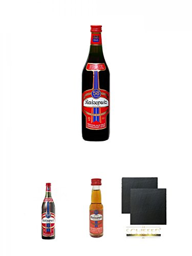 Ratzeputz Kräuterlikör 0,5 Liter + Ratzeputz Kräuterlikör 0,7 Liter + Ratzeputz Kräuterlikör 2 cl Miniatur + Schiefer Glasuntersetzer eckig ca. 9,5 cm Ø 2 Stück von Diverse