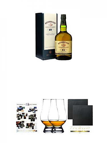 Redbreast 15 Jahre Single Pot Still 0,7 Liter + Poster The Making of Malt Whisky DIN A1 + The Glencairn Glass Whisky Glas Stölzle 2 Stück + Schiefer Glasuntersetzer eckig ca. 9,5 cm Ø 2 Stück von Diverse