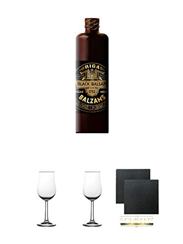 Riga Black Balsam Kräuterlikör 0,5 Liter + 2 Bugatti Nosing Gläser mit Eichstrich 2cl und 4cl + 2 Schiefer Glasuntersetzer eckig ca. 9,5 cm Ø von Diverse