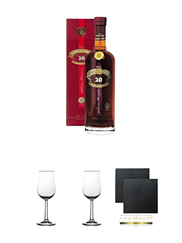 Ron Centenario 20 Jahre Fundacion Costa Rica 0,7 Liter + 2 Bugatti Nosing Gläser mit Eichstrich 2cl und 4cl + 2 Schiefer Glasuntersetzer eckig ca. 9,5 cm Ø von Diverse