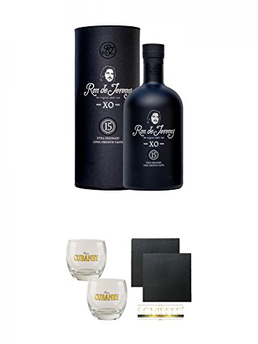 Ron De Jeremy XO 15 Jahre Rum Panama 0,7 Liter + Ron Cubaney Rum Tumbler 2 Stück + Schiefer Glasuntersetzer eckig ca. 9,5 cm Ø 2 Stück von Diverse