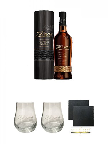 Ron Zacapa Variante - Edicion Negra - 0,7 Liter + Zacapa Glas + Zacapa Glas + Schiefer Glasuntersetzer eckig ca. 9,5 cm Ø 2 Stück von Diverse