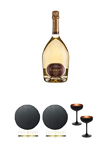 Ruinart Champagner Blanc de Blanc Magnum 1,50 Liter + Schiefer Glasuntersetzer RUND ca. 9,5 cm Durchmesser + Schiefer Glasuntersetzer RUND ca. 9,5 cm Durchmesser + Sektschale/Champagnerschale Stölzle 2 Gläser - Olympic Serie MATT-SCHWARZ BRONZE 2739408 von Unbekannt