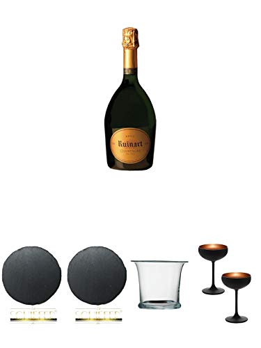 Ruinart R de Brut Champagner 0,75 Liter + Schiefer Glasuntersetzer RUND ca. 9,5 cm Durchmesser + Schiefer Glasuntersetzer RUND ca. 9,5 cm Durchmesser + Sekt/Champagnerkühler mundgeblasen 1 Stück - 2000055 + Sektschale/Champagnerschale Stölzle 2 Gläser - von Unbekannt