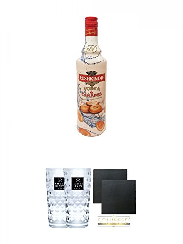 Rushkinoff Vodka & Caramel 0,7 Liter + Three Sixty Vodka Gläser 2 Stück + Schiefer Glasuntersetzer eckig ca. 9,5 cm Ø 2 Stück von Unbekannt