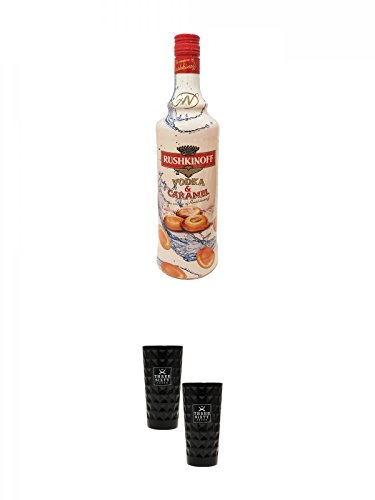 Rushkinoff Vodka & Caramel 1,0 Liter + Three Sixty black Vodka Glas 2 Stück (black) von Unbekannt