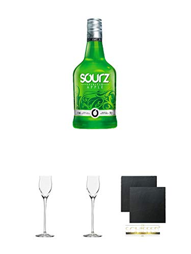 SOURZ Apple Likör 0,7 Liter + Edelbrandglas Stölzle 1 Stück - Quadrophil 231/30 + Edelbrandglas Stölzle 1 Stück - Quadrophil 231/30 + Schiefer Glasuntersetzer eckig ca. 9,5 cm Ø 2 Stück von Diverse