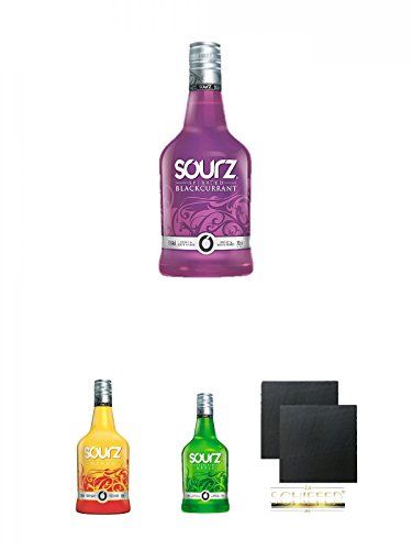 SOURZ Blackcurrant Likör 0,7 Liter + SOURZ Mango Likör 0,7 Liter + SOURZ Apple Likör 0,7 Liter + Schiefer Glasuntersetzer eckig ca. 9,5 cm Ø 2 Stück von Unbekannt