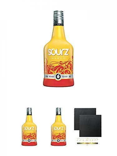 SOURZ Mango Likör 0,7 Liter + SOURZ Mango Likör 0,7 Liter + SOURZ Mango Likör 0,7 Liter + Schiefer Glasuntersetzer eckig ca. 9,5 cm Ø 2 Stück von Diverse