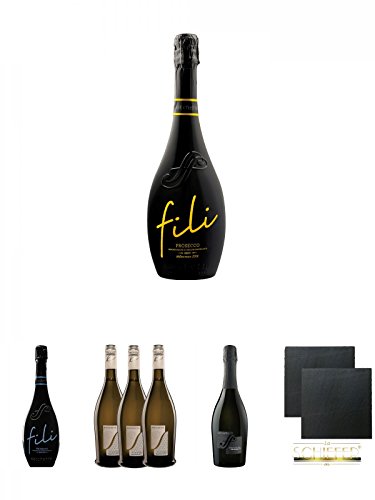 Sacchetto Fili Prosecco DOC Brut V.S. Millesimato 0,75 Liter + Sacchetto Fili Prosecco DOC V.S.Q.A. 0,75 Liter + Sacchetto Silber Veneto IGT Vino Frizzante - 3 x 0,75 Liter + Sacchetto Spumante Etichetta Nera Millesimato Extra Dry 0,75 Liter + Schiefer Gl von Unbekannt