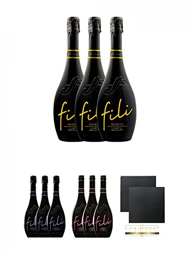 Sacchetto Fili Prosecco DOC Brut V.S. Millesimato 3 x 0,75 Liter + Sacchetto Fili Prosecco DOC V.S.Q.A. 3 x 0,75 Liter + Sacchetto Fili Rosato IGT Vino Frizzante 3 x 0,75 Liter + Schiefer Glasuntersetzer eckig ca. 9,5 cm Ø 2 Stück von Unbekannt