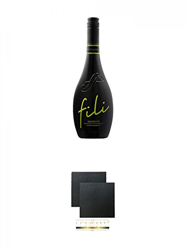 Sacchetto Fili Prosecco DOC Vino Frizzante 0,75 Liter + Schiefer Glasuntersetzer eckig ca. 9,5 cm Ø 2 Stück von Diverse