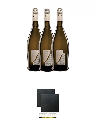 Sacchetto Silber Veneto IGT Vino Frizzante - 3 x 0,75 Liter + Schiefer Glasuntersetzer eckig ca. 9,5 cm Ø 2 Stück von Diverse