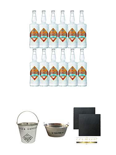 Salitos ICE Bier 12 x 0,65 Liter MW Flasche + Salitos Eiskübel aus Metall mit Henkel 1 Stück + Salitos Kühlwanne aus Metall mit Griffen 1 Stück + Schiefer Glasuntersetzer eckig ca. 9,5 cm Ø 2 Stück von Unbekannt