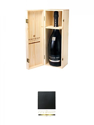 Scavi & Ray Prosecco Spumante 3,0 Liter in Holzkiste + Schiefer Glasuntersetzer eckig ca. 9,5 cm Durchmesser von Diverse